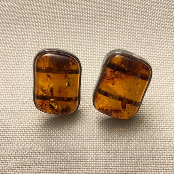 Vintage Sterling Silver and Amber Cabochon Earrings - Picture 1 of 4